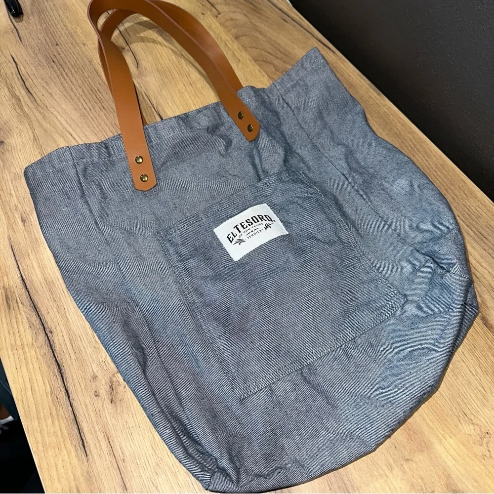 El Tosoro tequila tote bag denim leather gold pockets - Picture 4 of 11